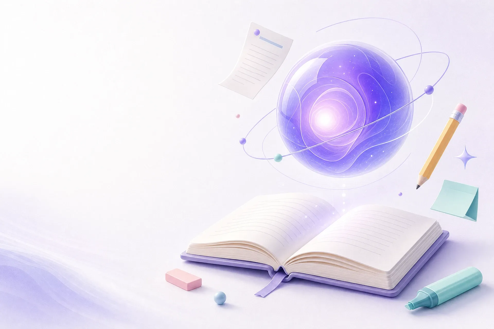 Indigo intelligence orb above an open notebook